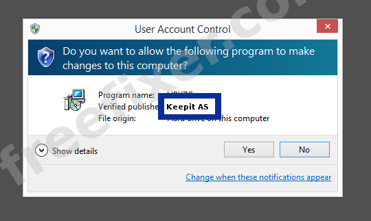 Screenshot where Keepit AS appears as the verified publisher in the UAC dialog